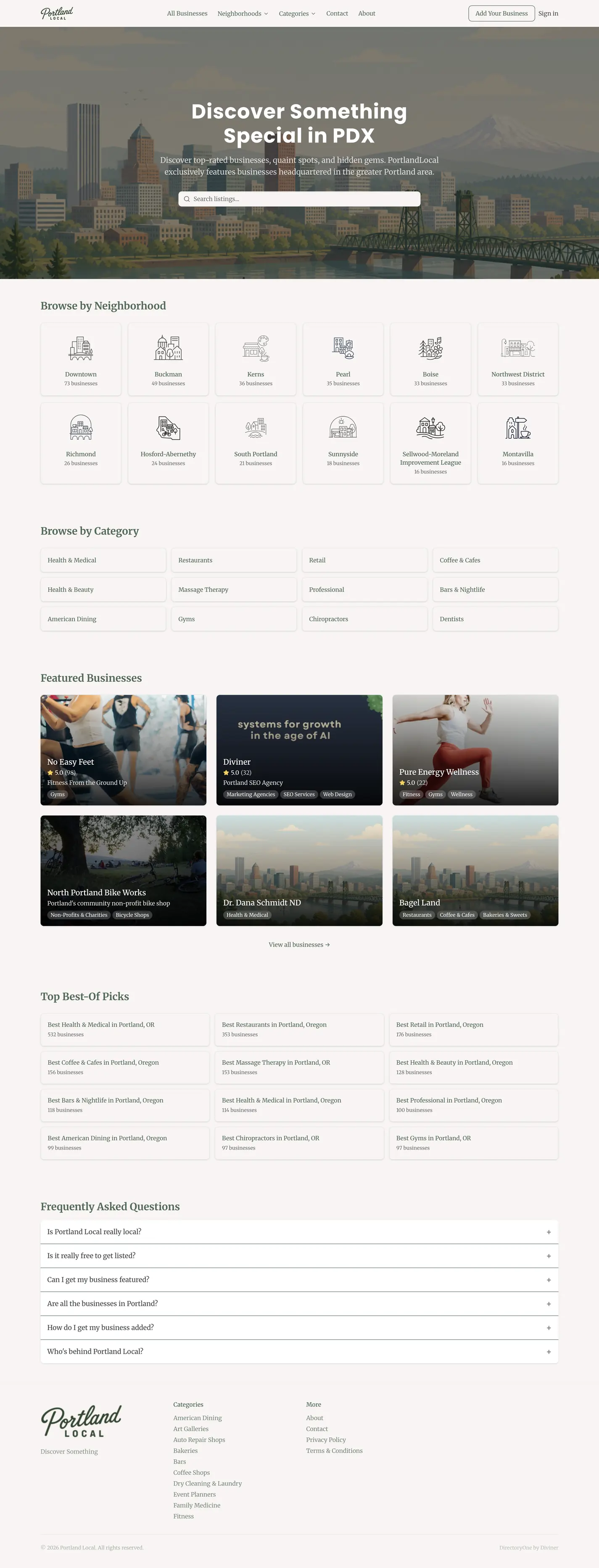 Full-length screenshot of the Portland Local homepage, from the search hero through neighborhood browsing, featured businesses, and best-of roundups