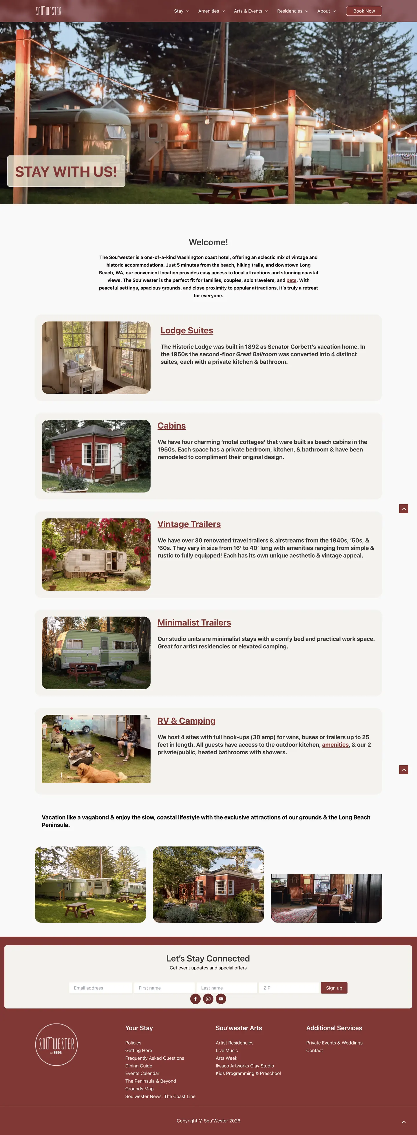 Full-length screenshot of The Sou'wester Lodge stay index, listing lodge suites, cabins, vintage trailers, minimalist trailers, and RV and camping sites
