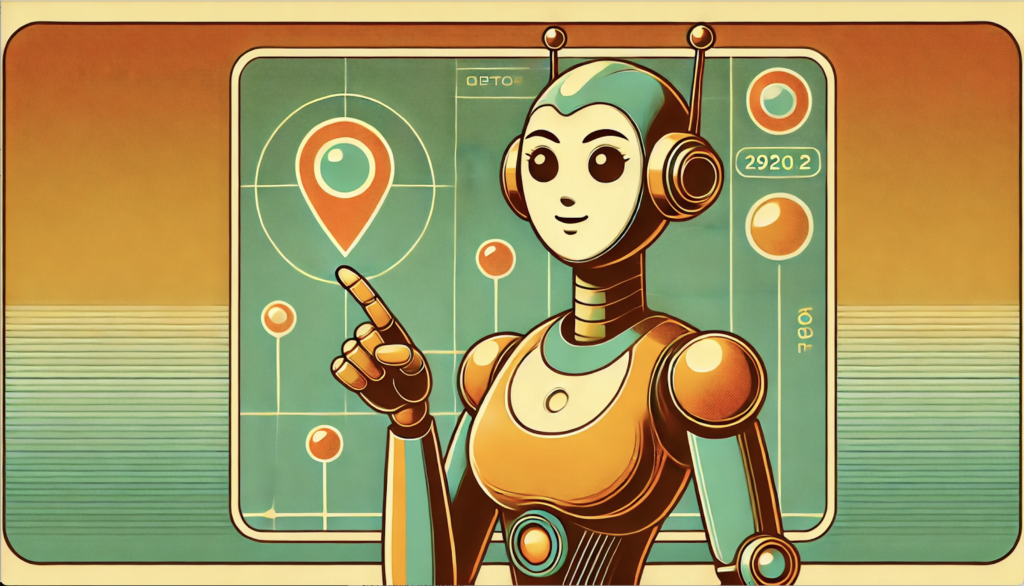 robot woman pointing at map marker to indicate local SEO