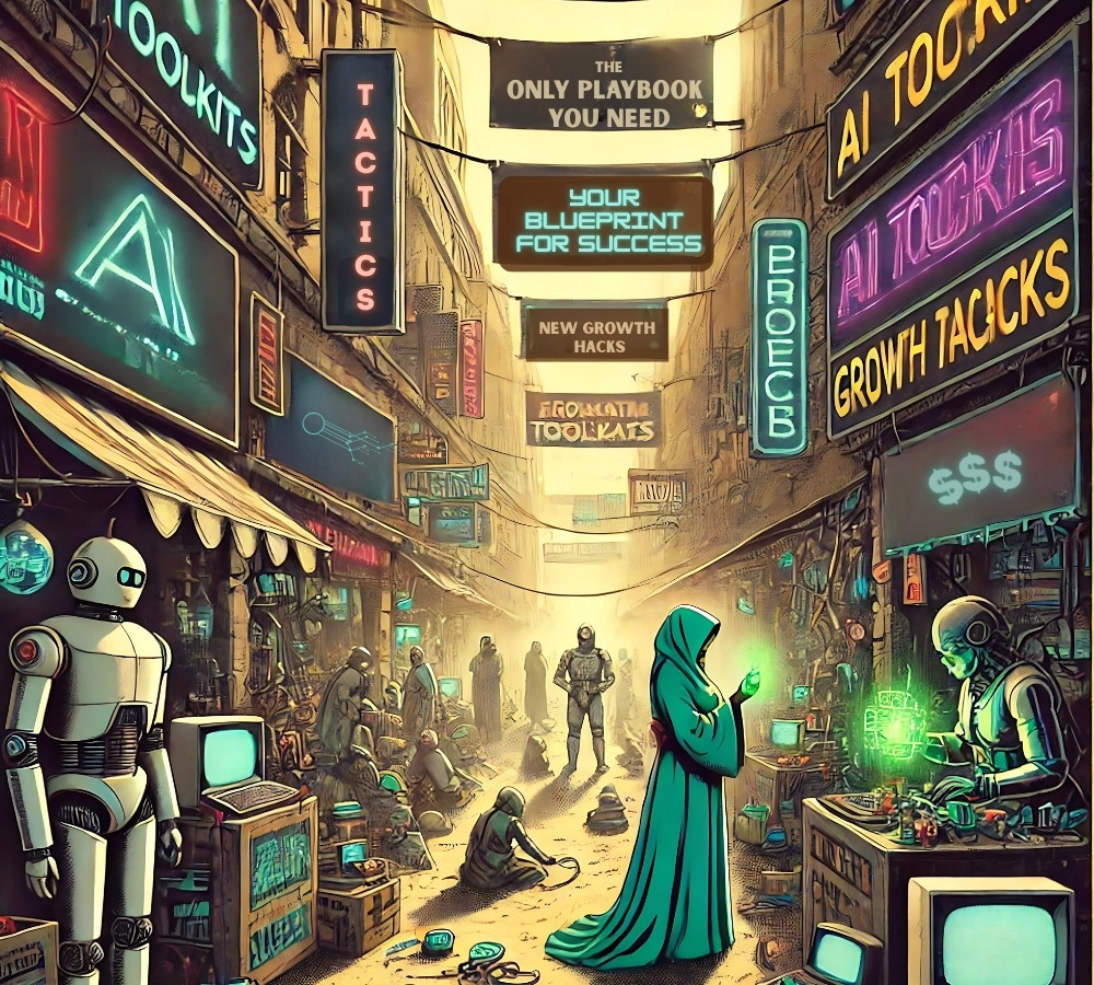 About 1 Futuristic bazaar where robots are selling marketing playbooks, toolkits, and blueprints