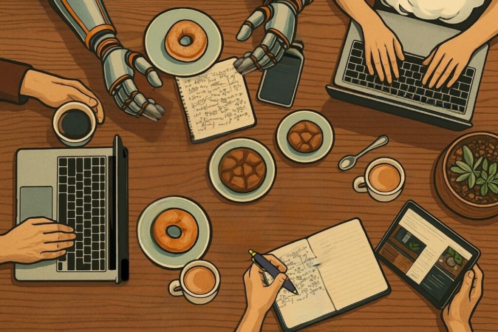 Home 16 marketers sitting around a table with laptops and donuts. one of the people is a robot consultant.