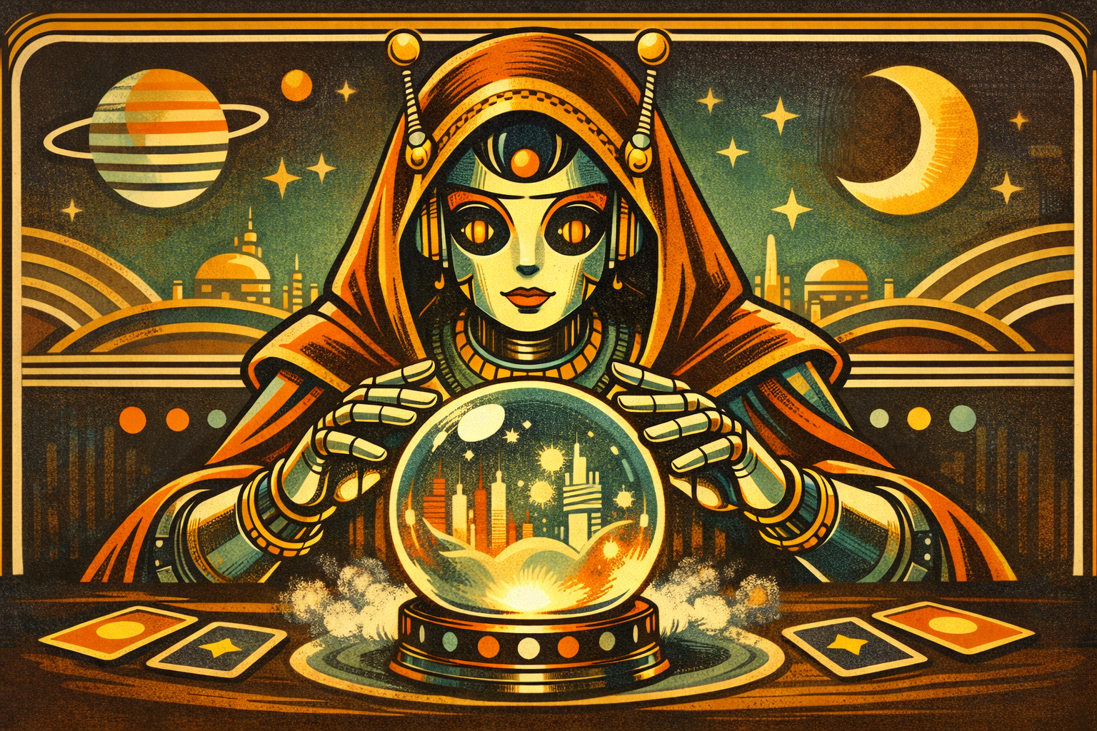 15 B2B Marketing Predictions for 2026 1 robot fortune teller looking into crystal ball, b2b marketing predictions 2026