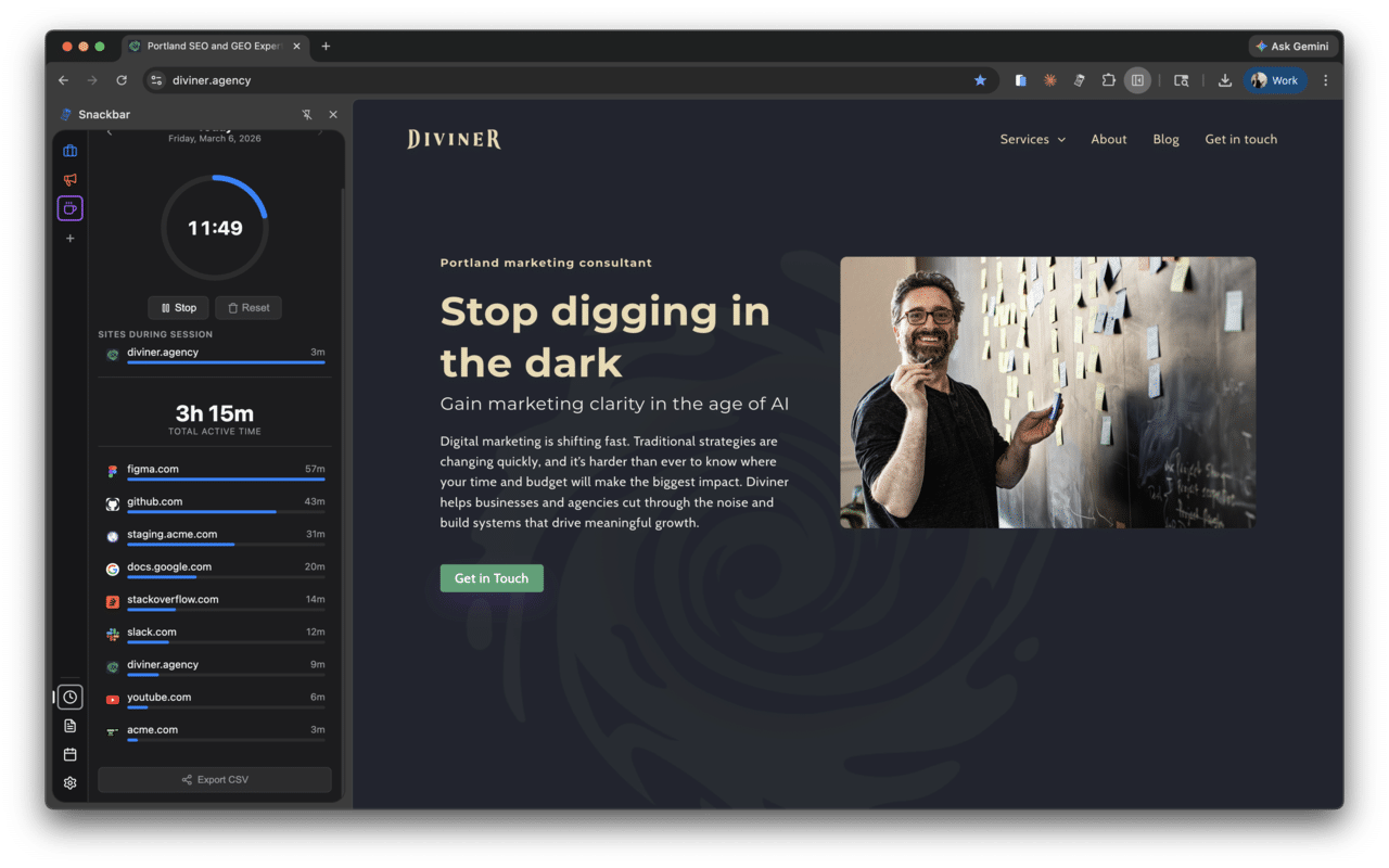 Snackbar Chrome extension — automatic time tracking with color-coded daily breakdown