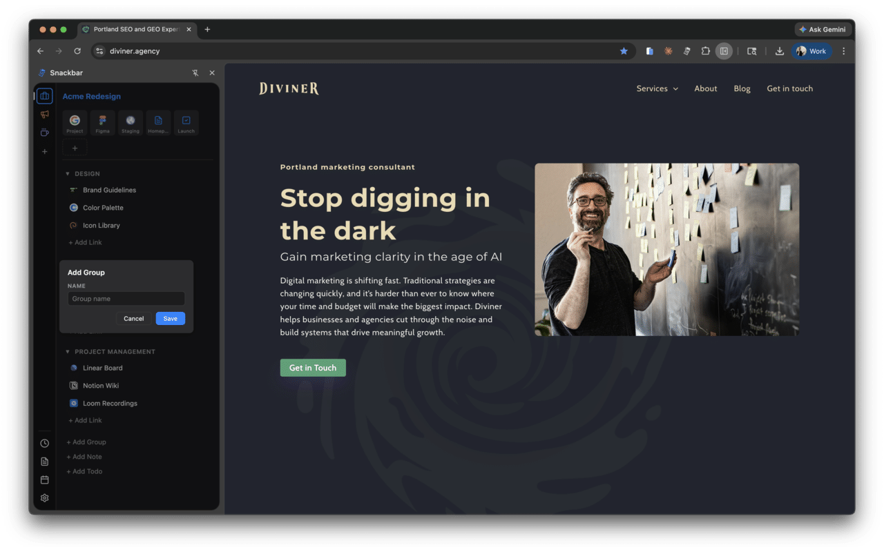 Snackbar Chrome extension — organizing links into groups within a workspace