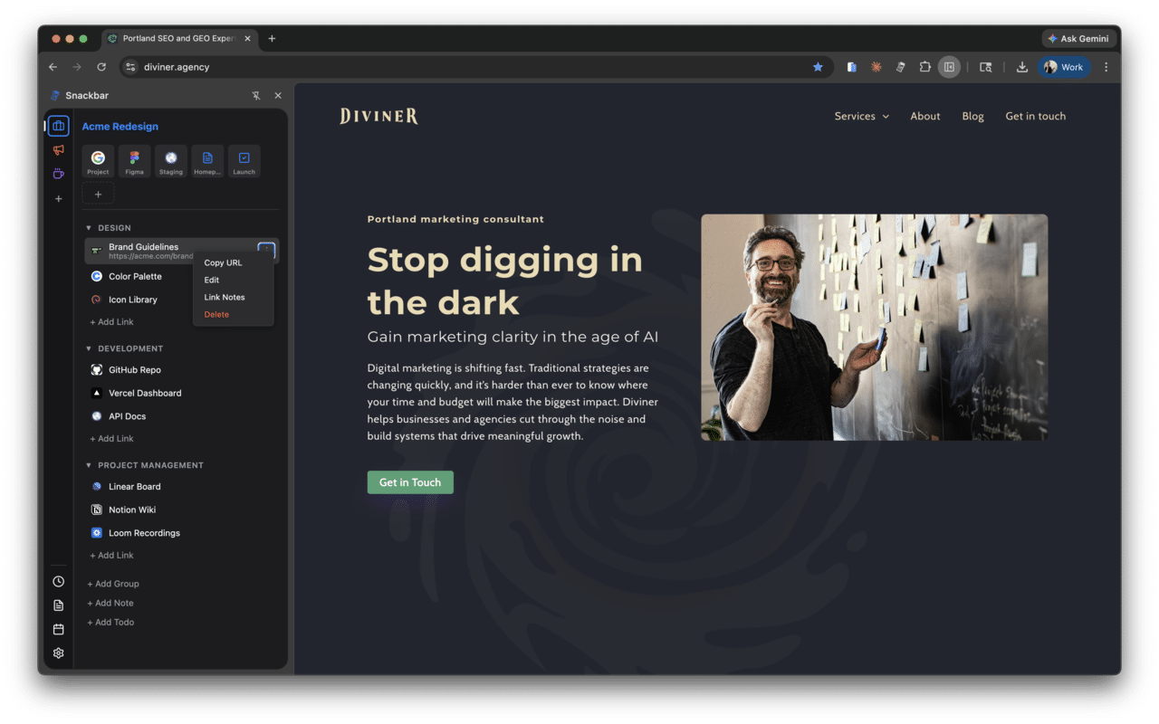 Snackbar Chrome extension — editing link notes and credentials